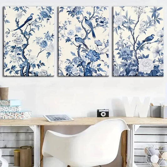 3pcs Blue Tree Branch Bird Pattern Metal Print Ready to Hang Art