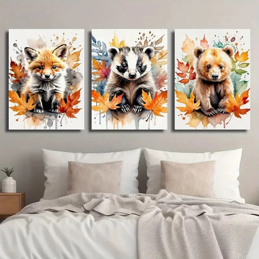 3pcs Cute Fox Raccoon and Bear Animal Flowers Metal Print Ready to Hang Art