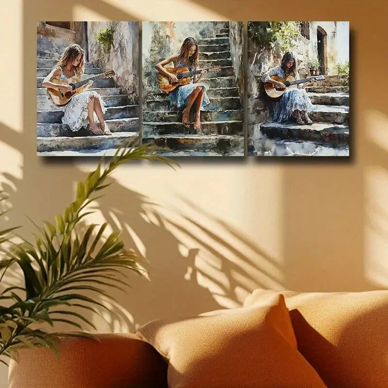 3pcs Featuring a Woman Playing The Guitar Metal Print Ready to Hang Art
