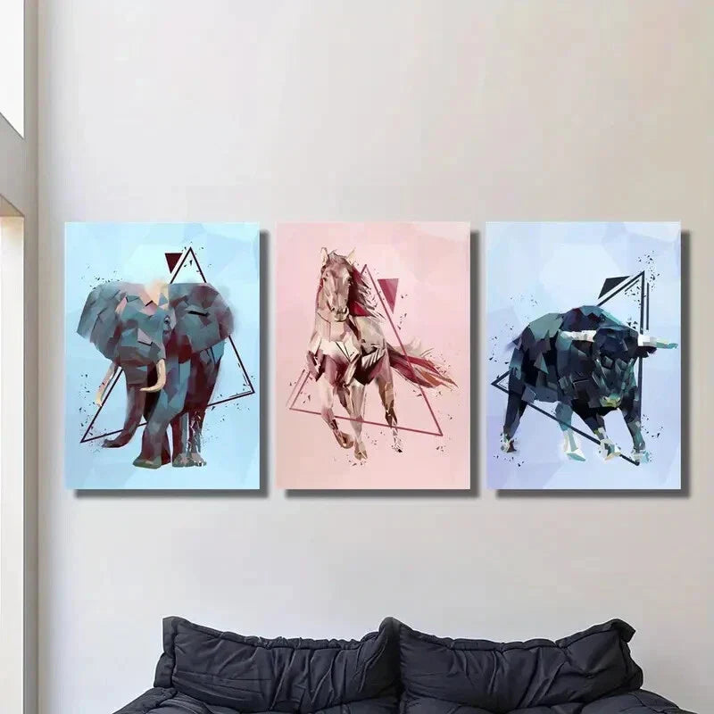 3pcs Elephant, Horse, Bull in Geometric Metal Print Ready to Hang Art