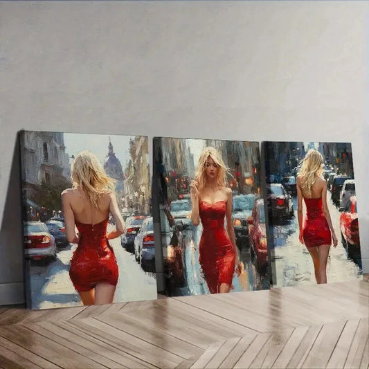 3pcs   The blonde woman in the red dress Wall Art Set Canvas Framed 40x60cm - High Quality Print 100% Australian Made Wall Canvas Ready to Hang