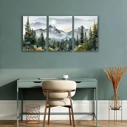 3pcs Mountain Landscape with Misty Pine Trees Metal Print Ready to Hang Art