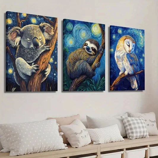 3pcs Koala Sloth Owl Sleeping in Starry Night Wall Art Set Canvas Framed 40x60cm - High Quality Print 100% Australian Made Wall Canvas Ready to Hang