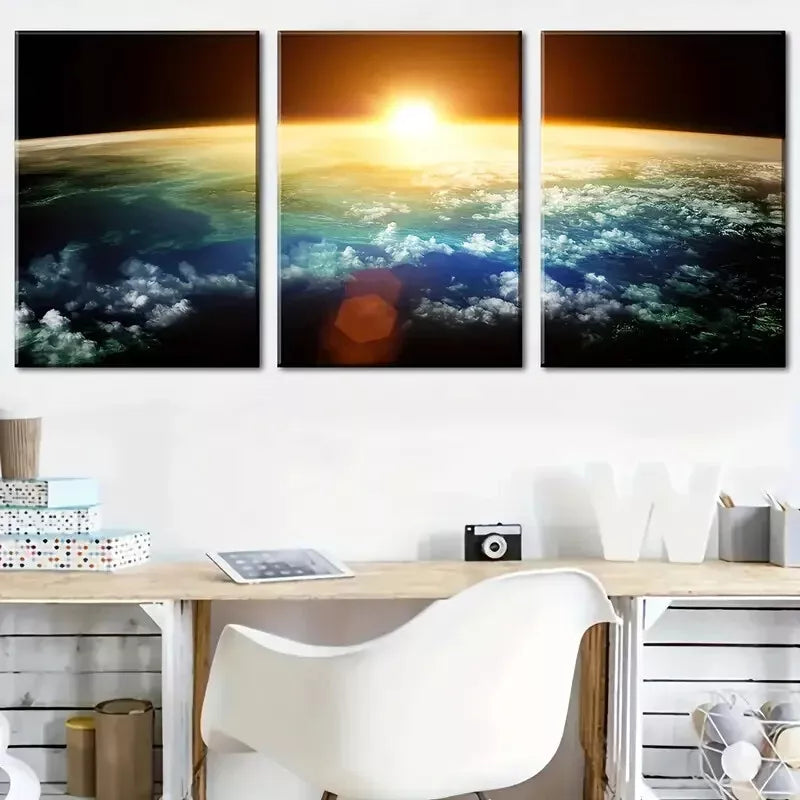 3pcs Space sunrise scenery - earth paintings Wall Art Set Canvas Framed 40x60cm - High Quality Print 100% Australian Made Wall Canvas Ready to Hang