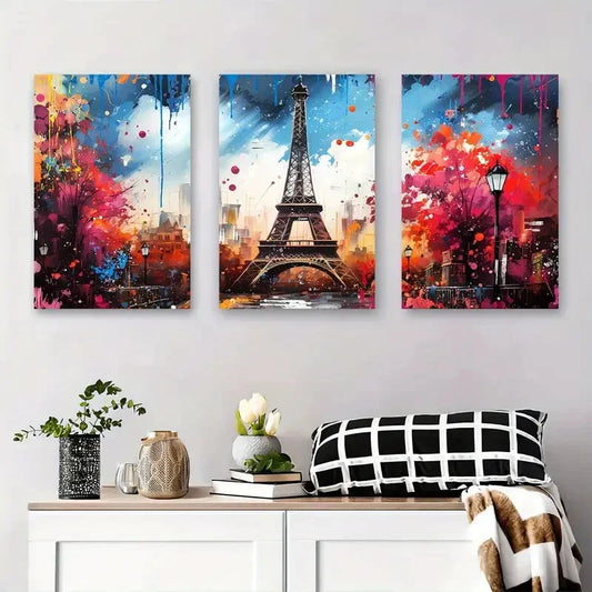 3pcs Eiffel Tower Graffiti Colorful Paris Citysca Metal Print Ready to Hang Art