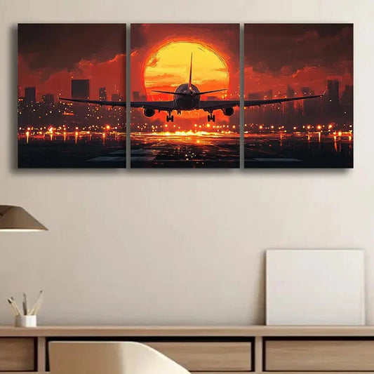 3pcs Sunset Plane Takeoff Darkness Perfect Wall Art Set Canvas Framed 40x60cm - High Quality Print 100% Australian Made Wall Canvas Ready to Hang