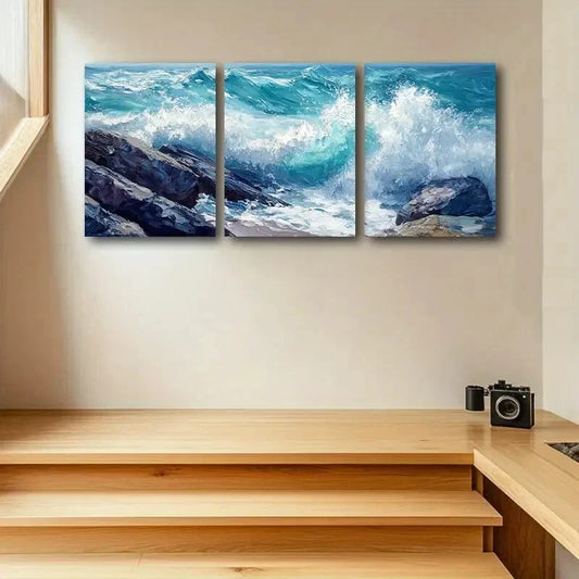 3pcs Ocean Waves Crashing Against Rocks Metal Print Ready to Hang Art