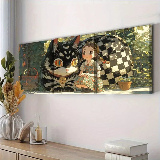 3pcs The Cat And The Girl Modern Art  Wall Art Set Canvas Framed 40x60cm - High Quality Print 100% Australian Made Wall Canvas Ready to Hang