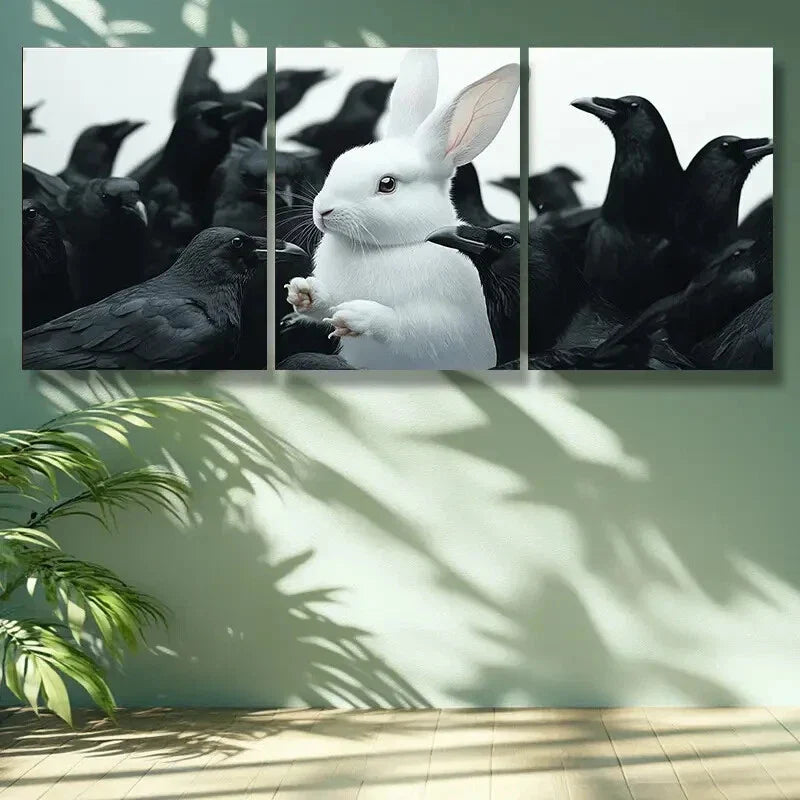 3pcs  White rabbit, crow Animal Art Painting Metal Print Ready to Hang Art
