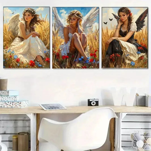 3pcs Enchanting Angel Girls in Wheat Field Wall Art Set Canvas Framed 40x60cm - High Quality Print 100% Australian Made Wall Canvas Ready to Hang