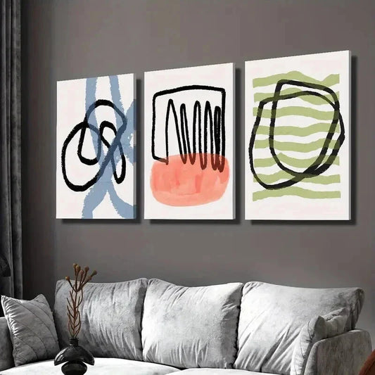 3pcs Abstract Black Blue Red Green Line Drawing Wall Art Set Canvas Framed 40x60cm - High Quality Print 100% Australian Made Wall Canvas Ready to Hang
