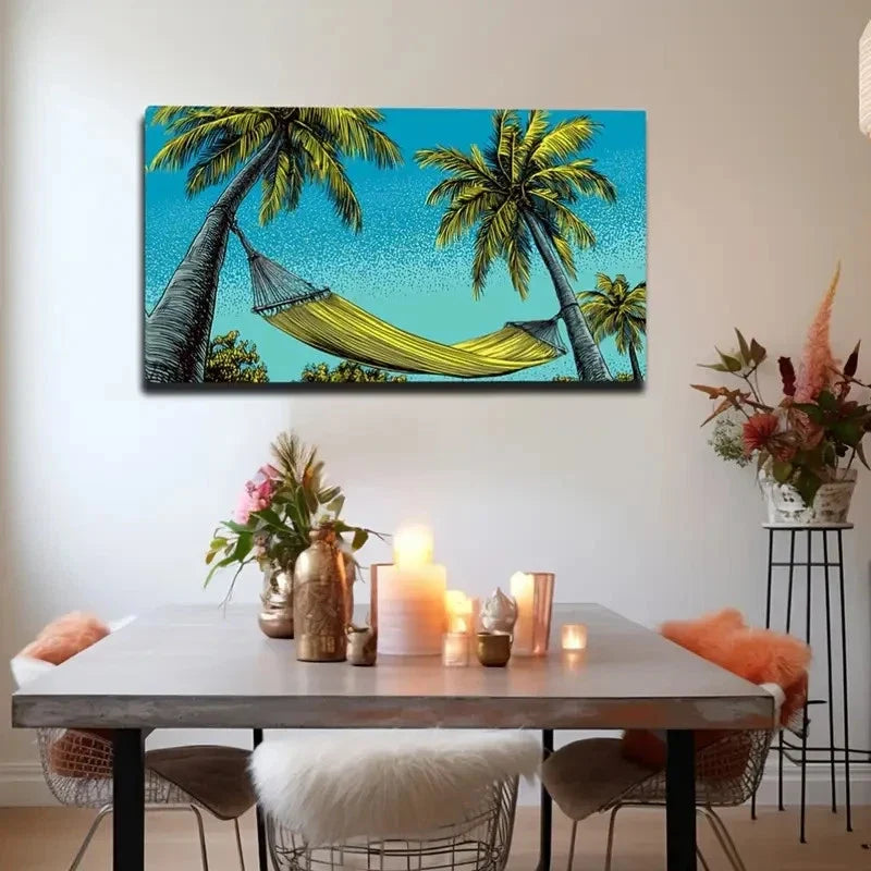 Tropical Beach Scene With Palm Wall Art Canvas Office Home Room Framed 80x45cm