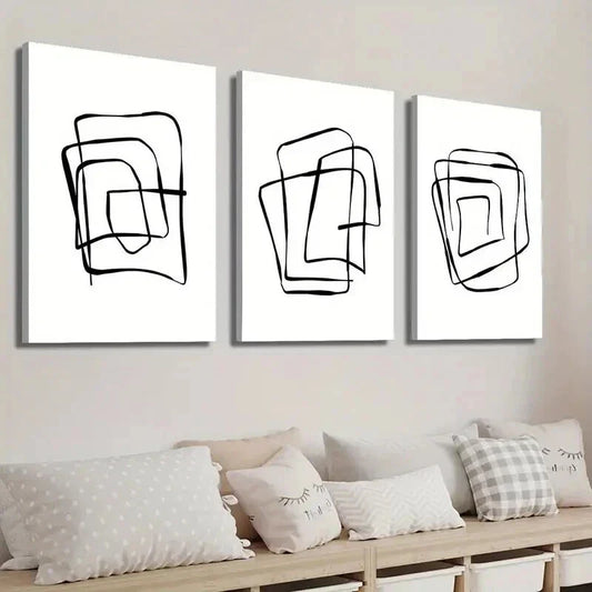 3pcs Modern Abstract Black And White Line Shape Wall Art Set Canvas Framed 40x60cm - High Quality Print 100% Australian Made Wall Canvas Ready to Hang