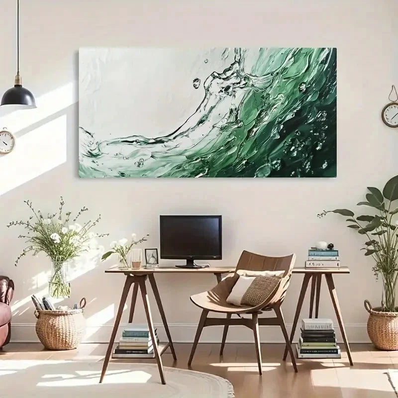 Fluid Motion Green Tones Waves Wall Art Canvas Office Home Room Framed 120x60cm