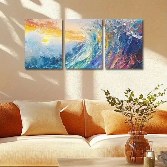 3pcs Modern Abstract Seascape with Sunset & Waves Metal Print Ready to Hang Art