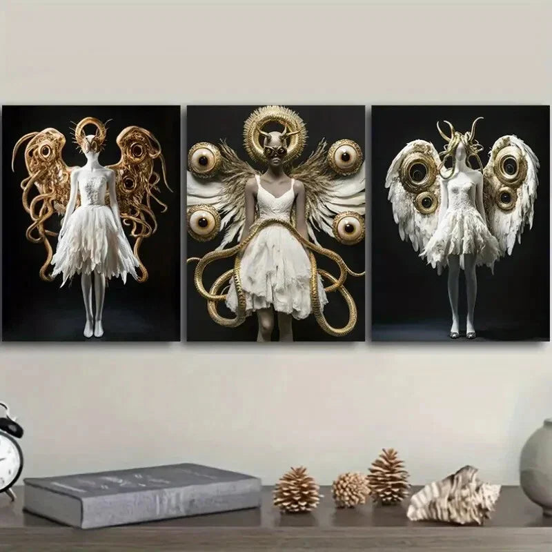 3pcs Featuring Golden Wings, Perfect Metal Print Ready to Hang Art