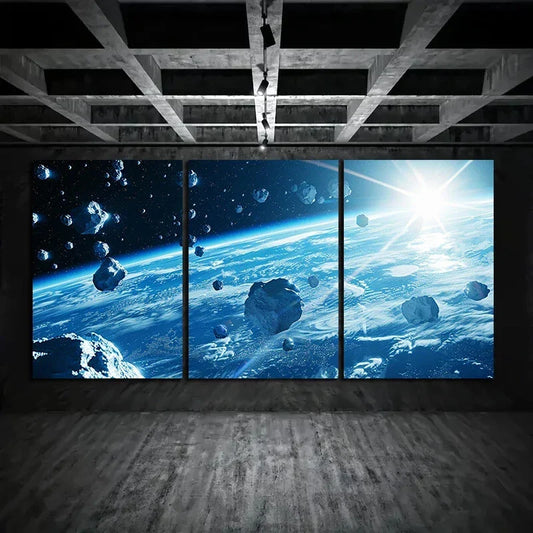 3pcs Planet Ay with Rocks and in Space Metal Print Ready to Hang Art
