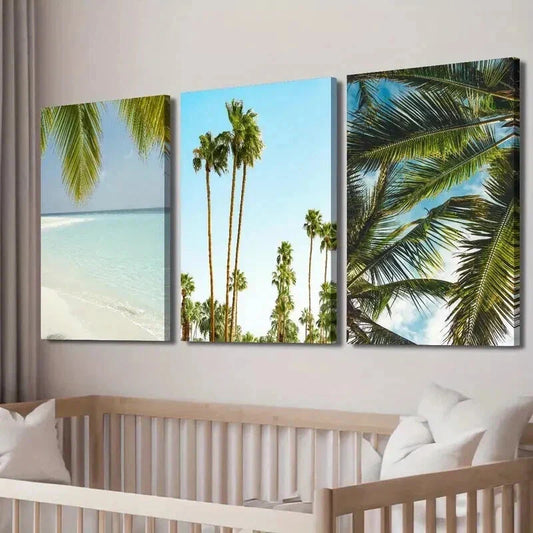 3pcs Tropical Palm Tree Beach Landscape Wall Art Set Canvas Framed 40x60cm - High Quality Print 100% Australian Made Wall Canvas Ready to Hang