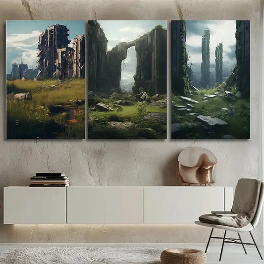 3pcs Ruins Black Stones Buildings Metal Print Ready to Hang Art