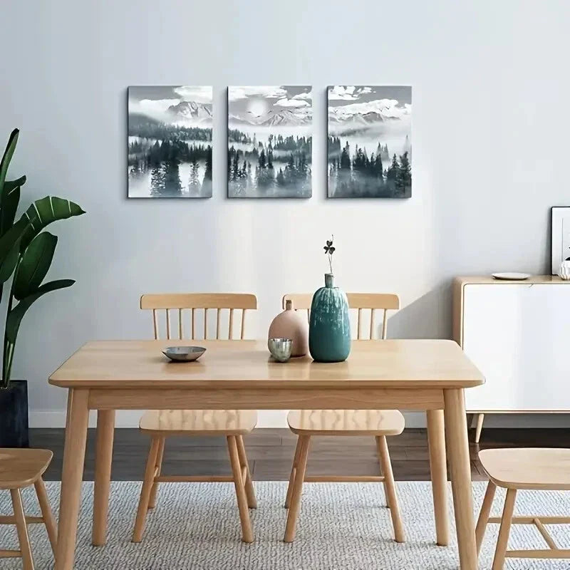 3pcs Modern Foggy Forest Landscape Metal Print Ready to Hang Art
