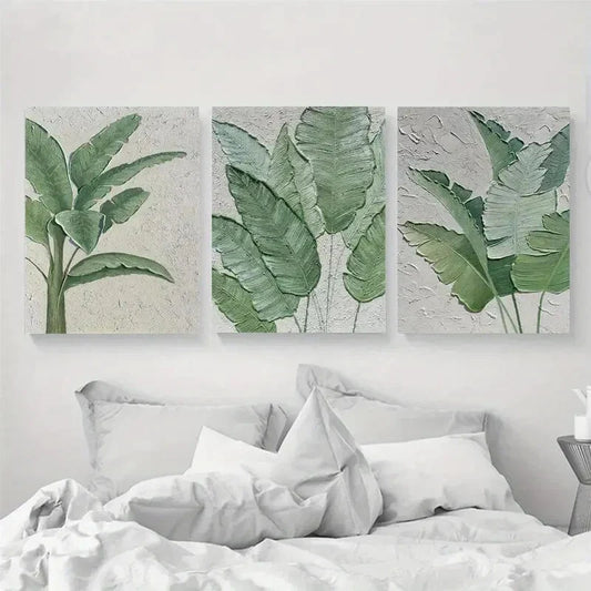 3pcs Green Minimalist Textured Leaves Metal Print Ready to Hang Art