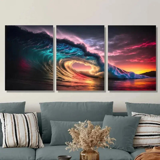 3pcs Sunset Over Waves, Showcasing Stunning Wave Metal Print Ready to Hang Art