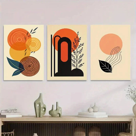 3pcs Vibrant Orange & Black Geometric Abstract Metal Print Ready to Hang Art