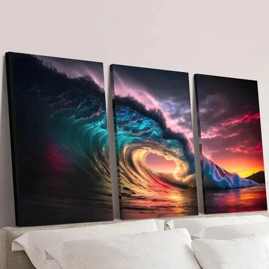 3pcs Sunset Over Colorful Stunning Waves Wall Art Set Canvas Framed 40x60cm - High Quality Print 100% Australian Made Wall Canvas Ready to Hang