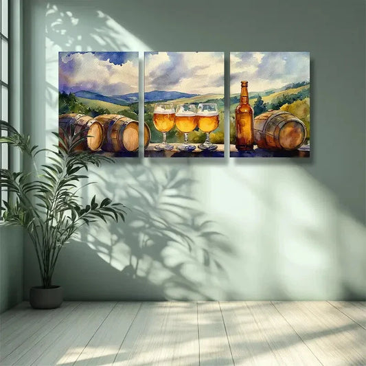 3pcs Wine glass, wine Barrel  Metal Print Ready to Hang Art