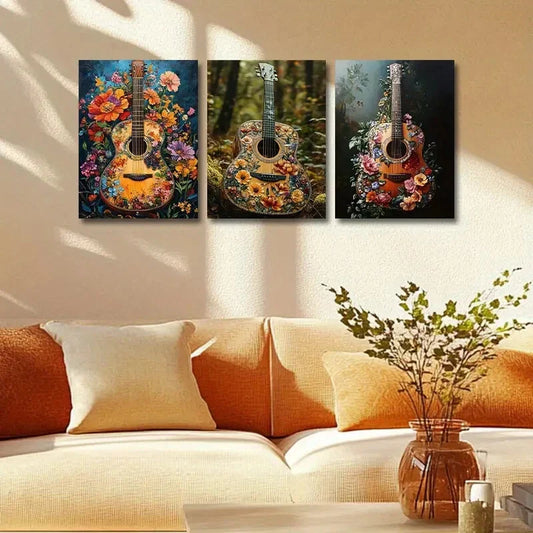 3pcs Guitar Flowers Design Metal Print Ready to Hang Art