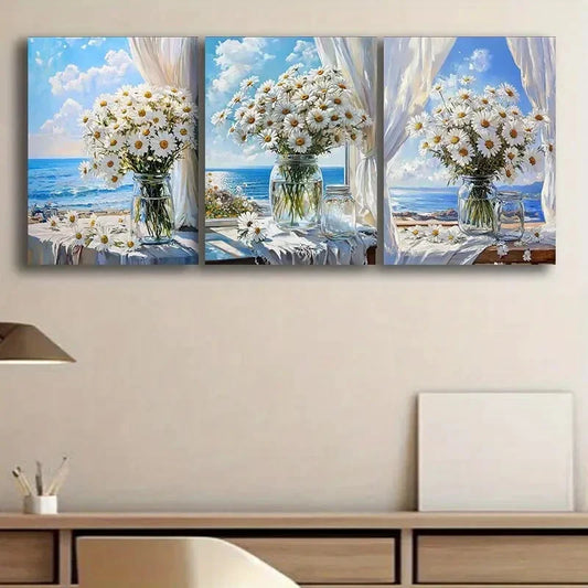 3pcs Daisies on the Windowsill Metal Print Ready to Hang Art