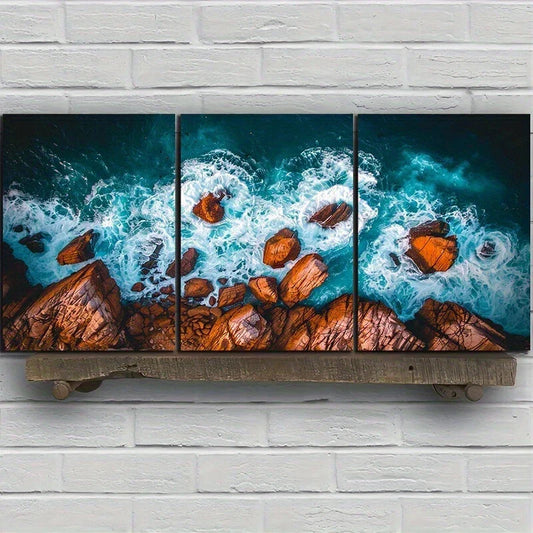 3pcs Rocky Coastline Brown Stones Metal Print Ready to Hang Art