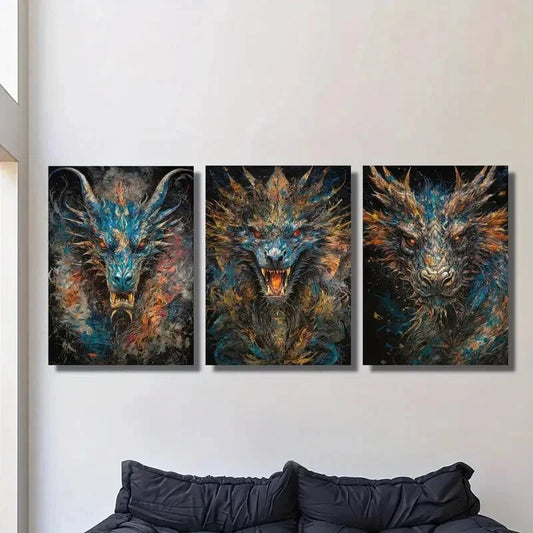 3pcs  Colorful fantasy dragon, retro Metal Print Ready to Hang Art