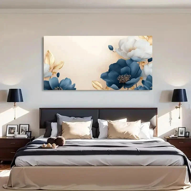 Blue Floral Leaves Botanical Wall Art Canvas Office Home Room Framed 120x60cm