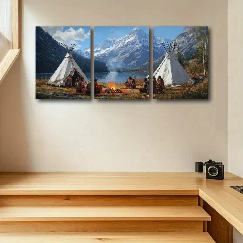 3pcs Primitive for Man Camping Scene Metal Print Ready to Hang Art