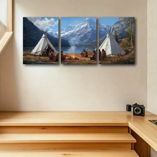 3pcs Primitive for Man Camping Scene Metal Print Ready to Hang Art