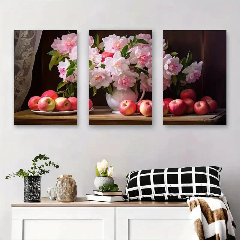 3pcs Pink Peony & Apple Floral Still Life Metal Print Ready to Hang Art