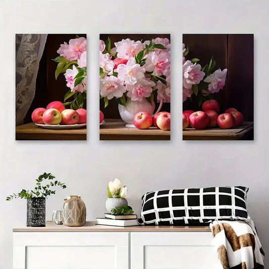 3pcs Pink Peony & Apple Floral Still Life Metal Print Ready to Hang Art