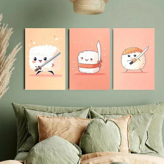 3pcs Cute Cartoon-Style Sushi Samurai Metal Print Ready to Hang Art