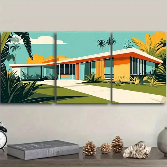 3pcs Set Mid-Century Modern House Metal Print Ready to Hang Art