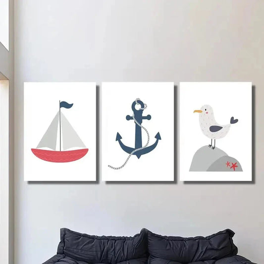 3pcs Cartoon ocean poster navy red sailboat Metal Print Ready to Hang Art