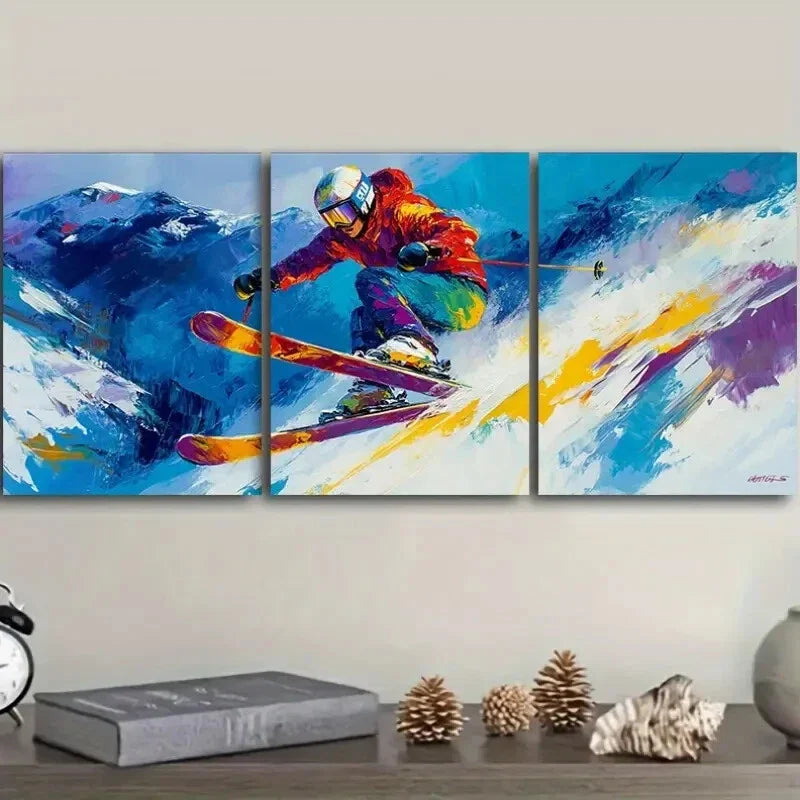 3pcs Paintings Featuring a Skier  Wall Art Set Canvas Framed 40x60cm - High Quality Print 100% Australian Made Wall Canvas Ready to Hang
