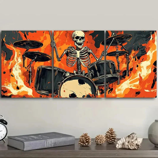3pcs Skeletons play drums Art Painting Metal Print Ready to Hang Art