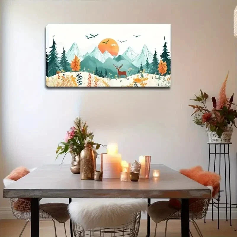 Vibrant Mountain Landscape Deer Wall Art Canvas Office Home Room Framed 120x60cm