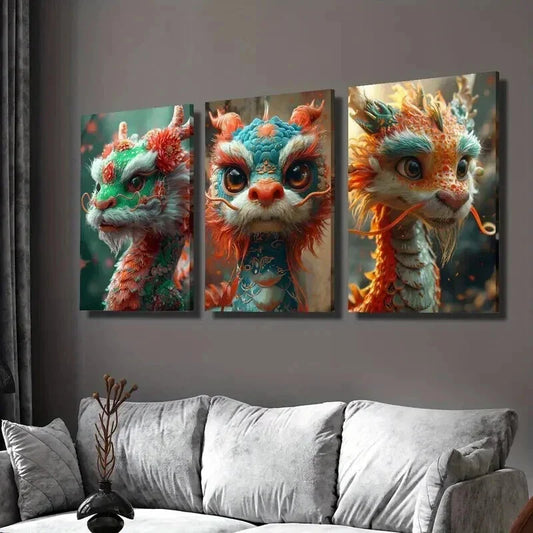 3pcs Cute Cartoon Happy New Year Dragon Wall Art Set Canvas Framed 40x60cm - High Quality Print 100% Australian Made Wall Canvas Ready to Hang