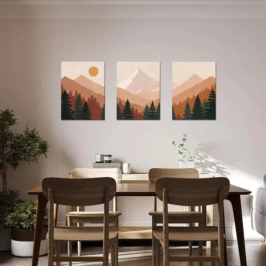 3pcs Abstract Sun Mountain Forest Metal Print Ready to Hang Art