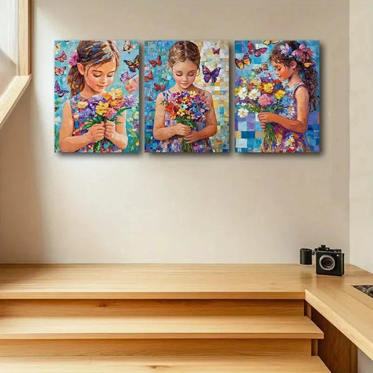 3pcs Vibrant Butterfly & Flower Girl Metal Print Ready to Hang Art