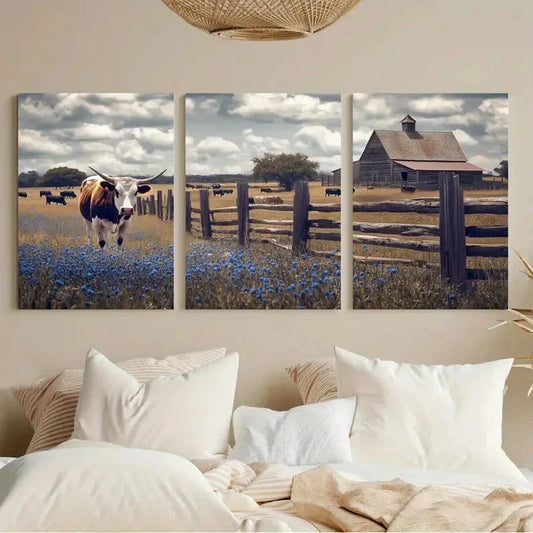 3pcs Texas Longhorn Cow Barn & Fence, Brown Metal Print Ready to Hang Art