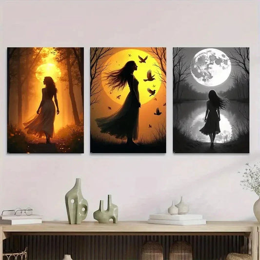 3pcs Sunset, Moonlight & Silhouette Classic Girl  Wall Art Set Canvas Framed 40x60cm - High Quality Print 100% Australian Made Wall Canvas Ready to Hang
