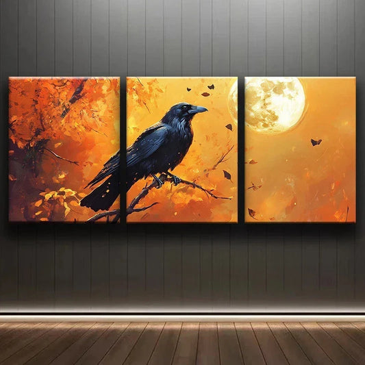 3pcs Tranquil Moonlit Crow Orange Themed Metal Print Ready to Hang Art